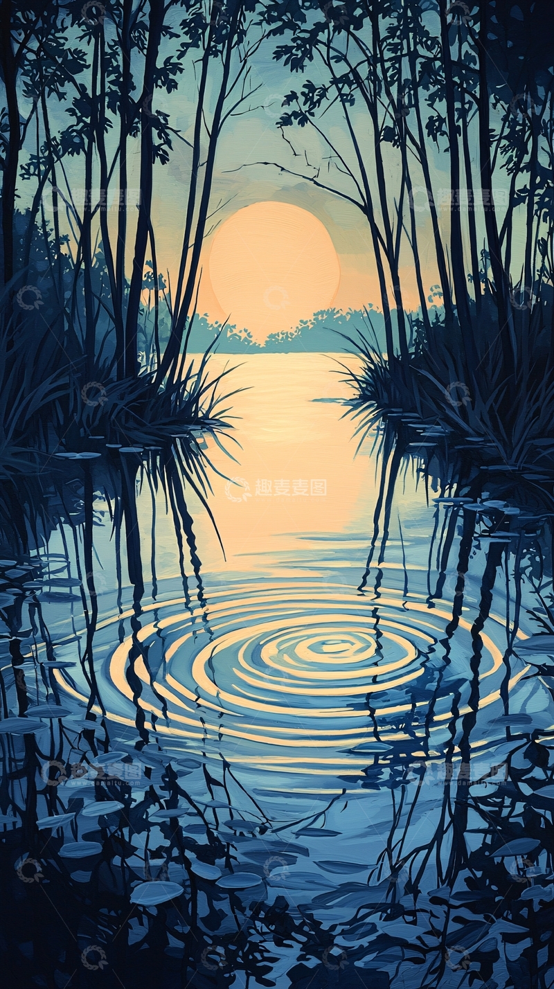 高清大图下载【趣麦麦图】宁静湖畔夕阳倒影