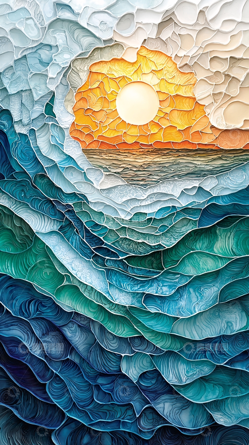 高清大图下载【趣麦麦图】水彩画的海岸线与清澈浅海交叠