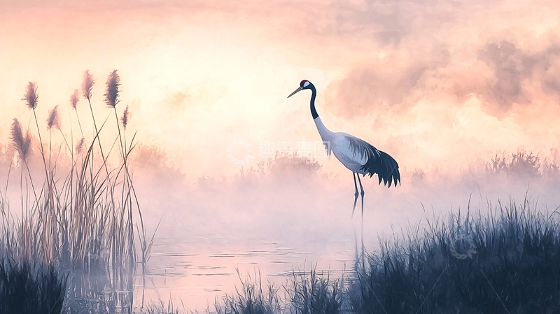 高清大图下载【趣麦麦图】晨雾中的鹤与芦苇