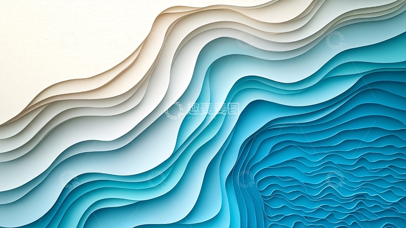 高清大图下载【趣麦麦图】剪纸艺术的蜿蜒沙滩与蓝色浅海