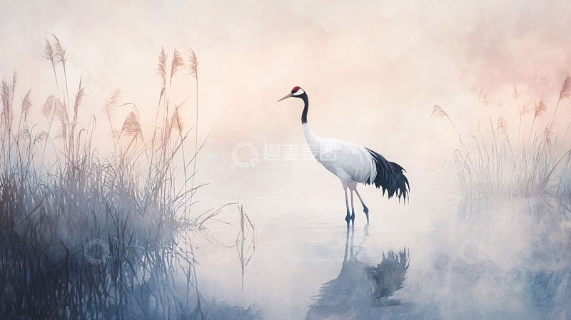 高清大图下载【趣麦麦图】晨雾中的红鹤