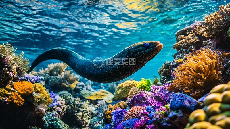 高清大图下载【趣麦麦图】深海鳗鱼与珊瑚礁