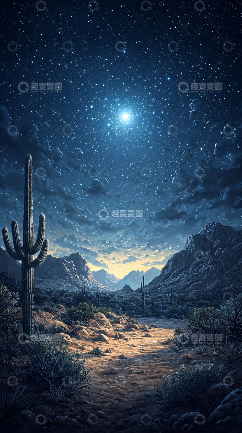 高清大图下载【趣麦麦图】沙漠夜景星空下的仙人掌