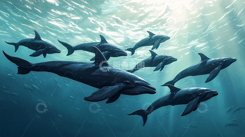 高清大图下载【趣麦麦图】深海中的海豚群