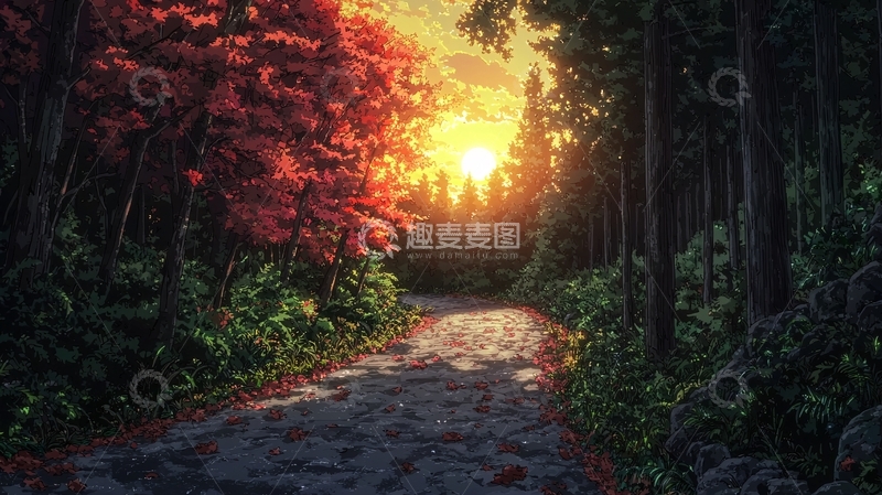 高清大图下载【趣麦麦图】秋日森林小径夕阳