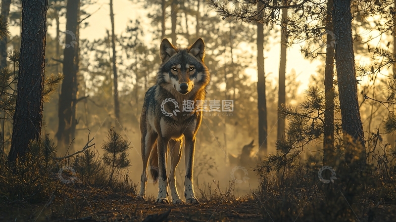 高清大图下载【趣麦麦图】晨光中的森林狼