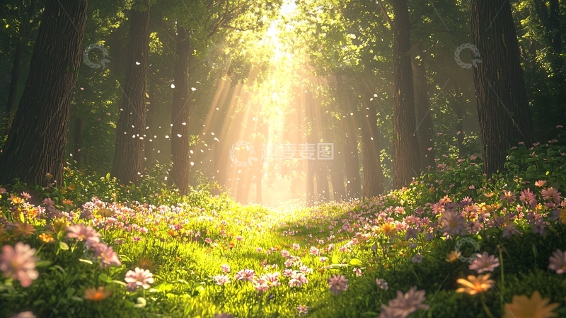 高清大图下载【趣麦麦图】阳光森林中的花海