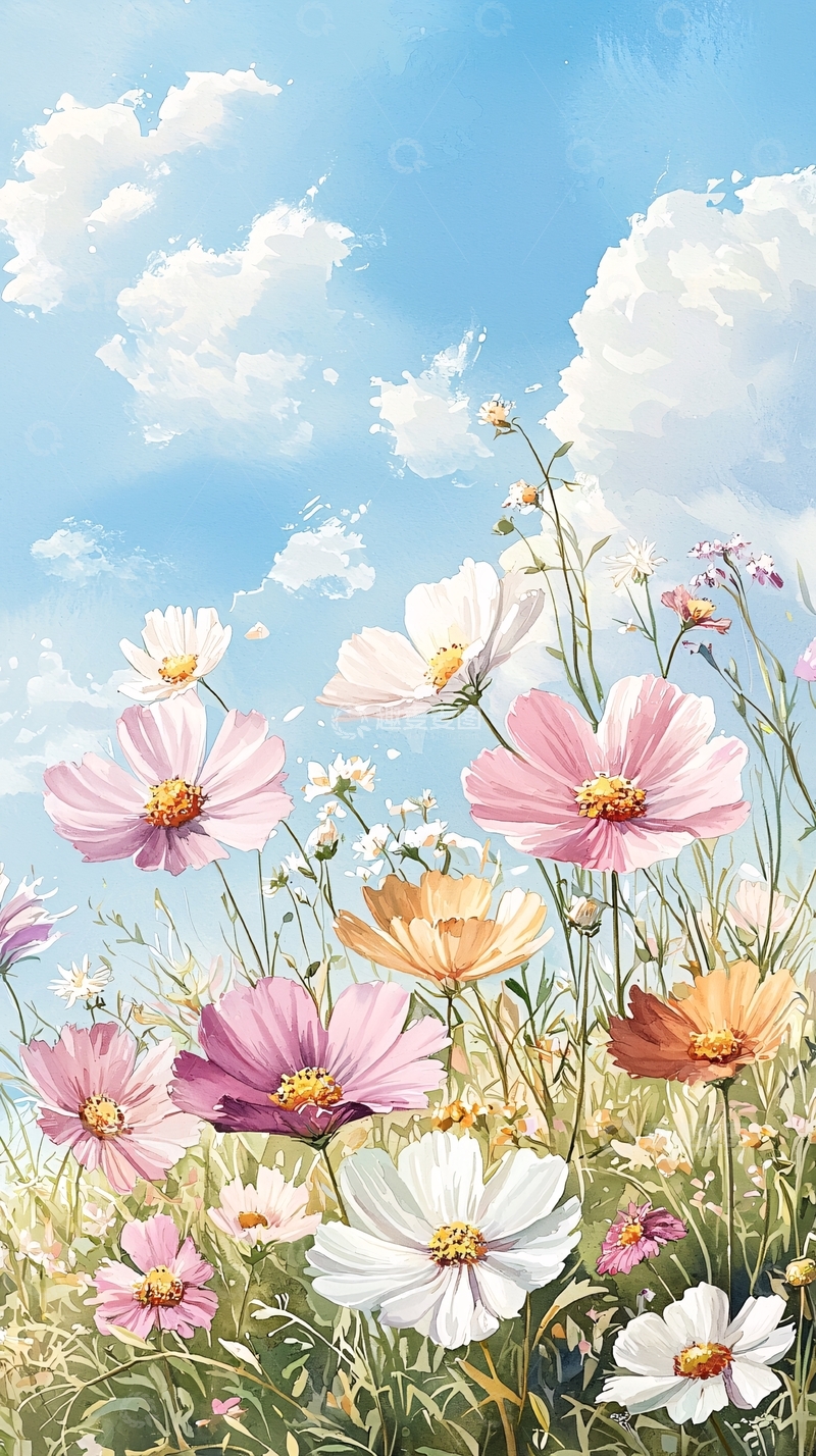 高清大图下载【趣麦麦图】蓝天白云下的野花风景画