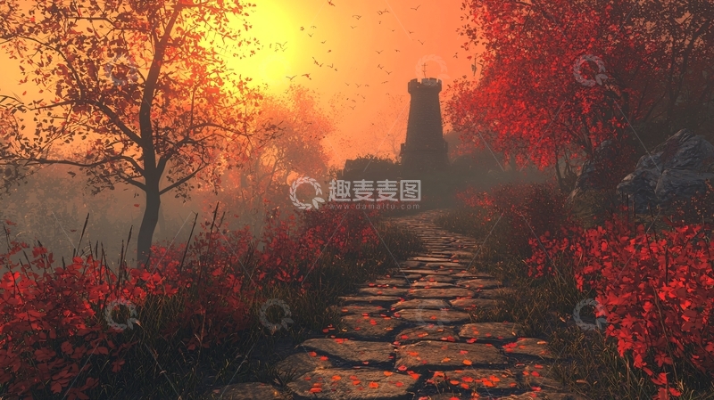 高清大图下载【趣麦麦图】秋日石径古塔晨雾