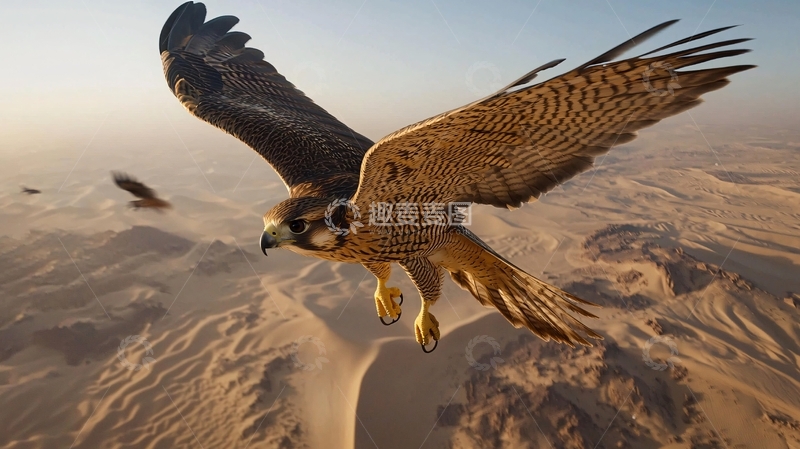 高清大图下载【趣麦麦图】沙漠上的猎鹰飞翔