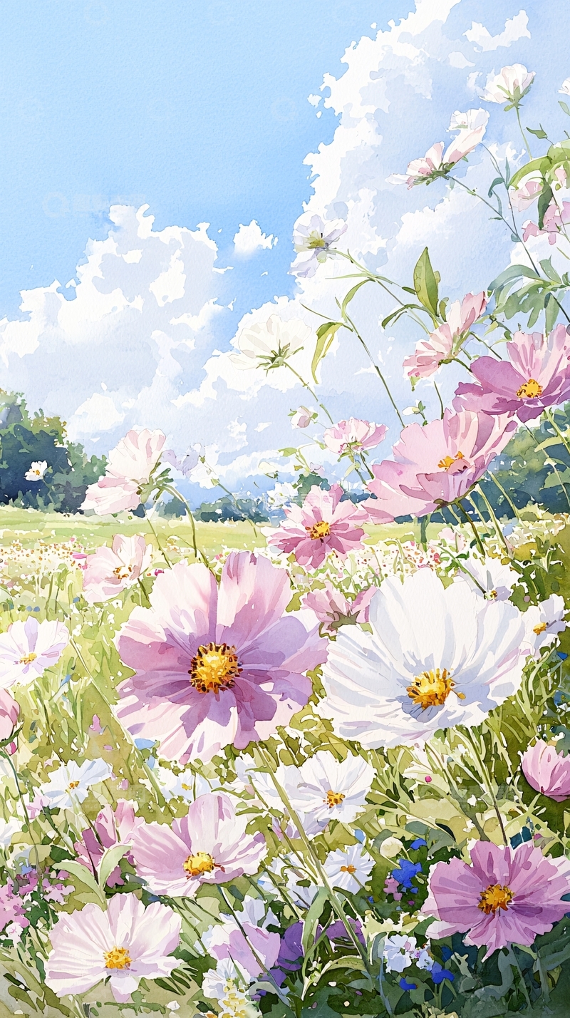 高清大图下载【趣麦麦图】夏日花海风景插画