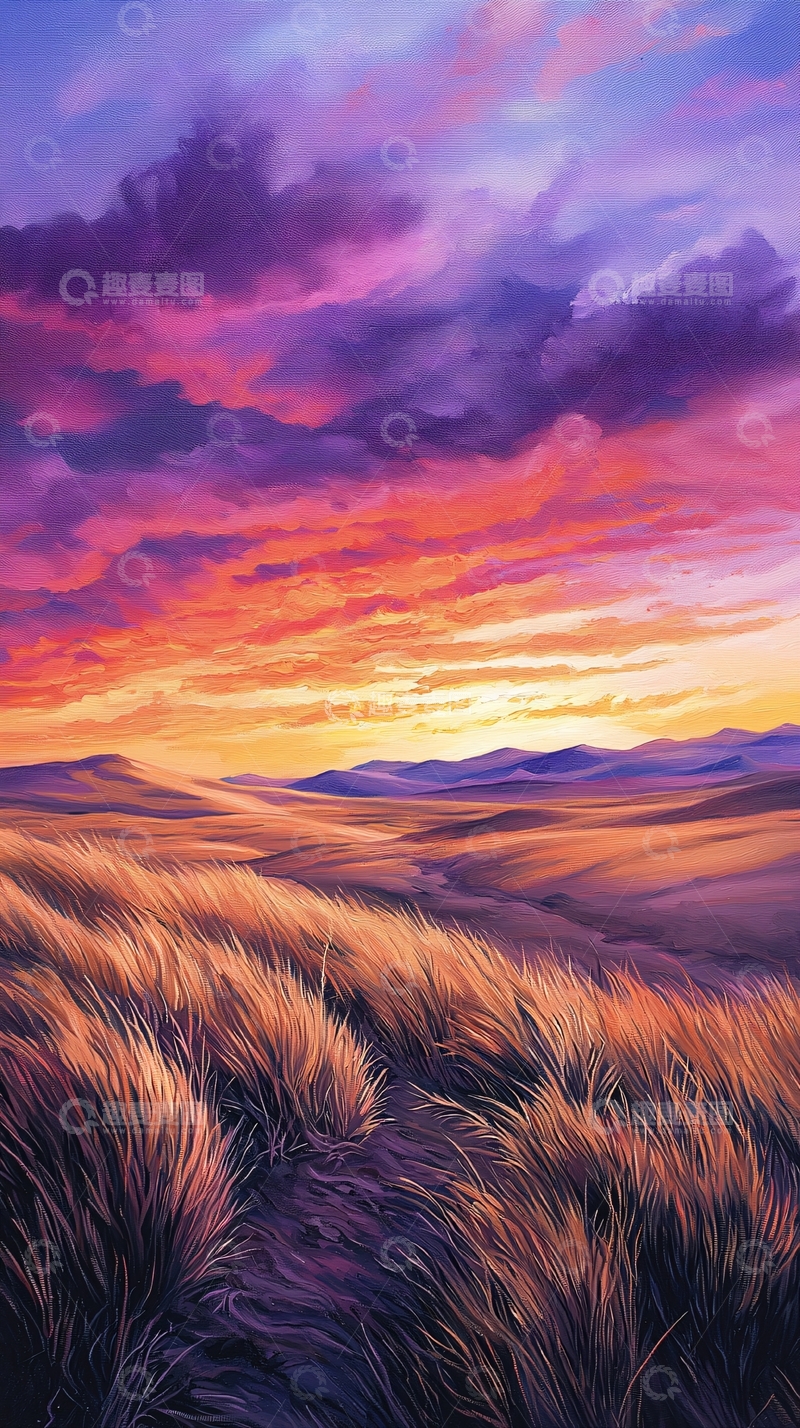 高清大图下载【趣麦麦图】夕阳下的草原风景