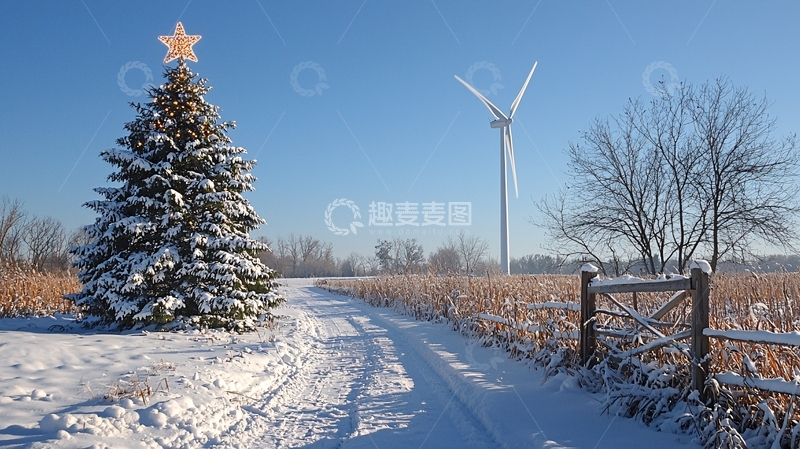 高清大图下载【趣麦麦图】冬日雪景中的风力发电机与圣诞树