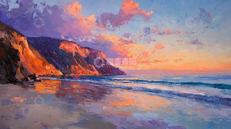 高清大图下载【趣麦麦图】日落海滩油画风景