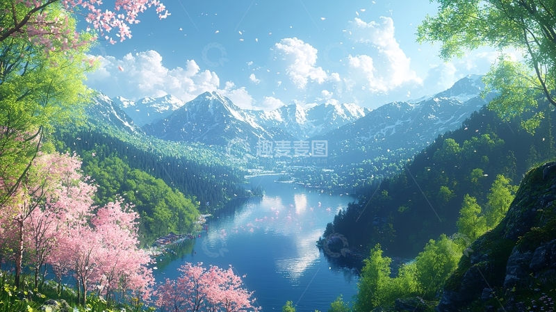高清大图下载【趣麦麦图】春日湖畔雪山美景