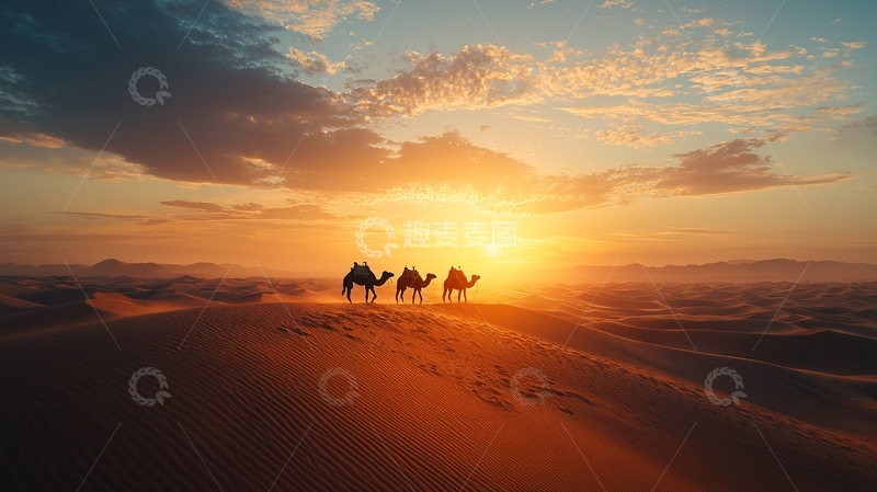 高清大图下载【趣麦麦图】沙漠日落驼队剪影