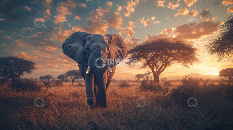 高清大图下载【趣麦麦图】夕阳下的非洲草原大象