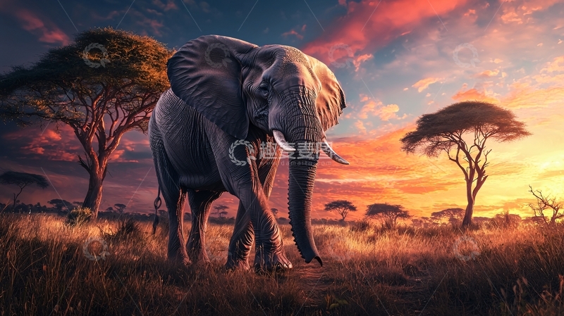 高清大图下载【趣麦麦图】夕阳下的非洲象