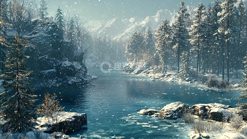 高清大图下载【趣麦麦图】冬日雪景中的宁静河流