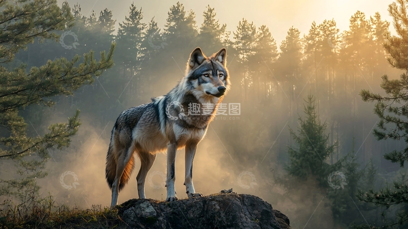 高清大图下载【趣麦麦图】晨光中的森林狼