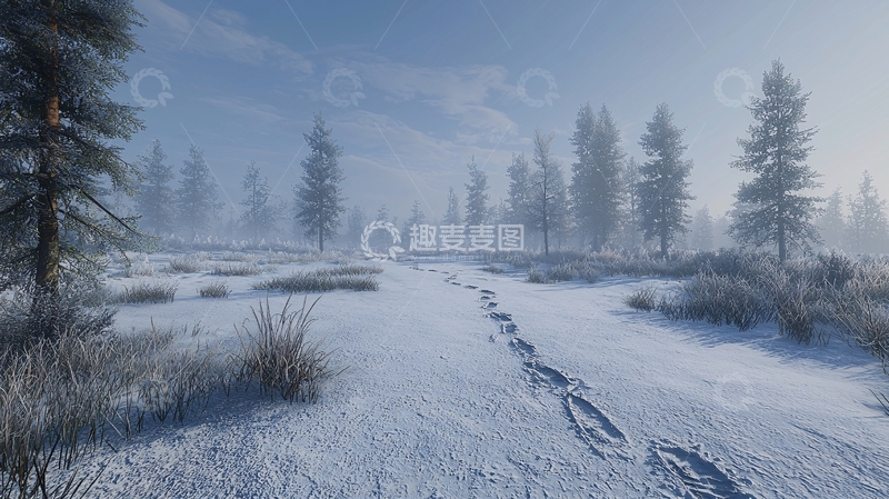 高清大图下载【趣麦麦图】冬日雪地足迹自然风景