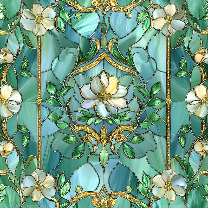 高清大图下载【趣麦麦图】绿色花卉艺术玻璃窗图案