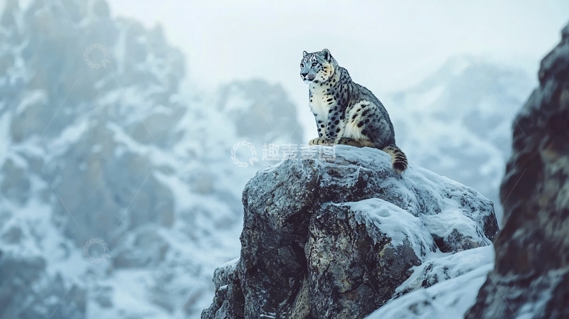 高清大图下载【趣麦麦图】雪豹雪山岩石上