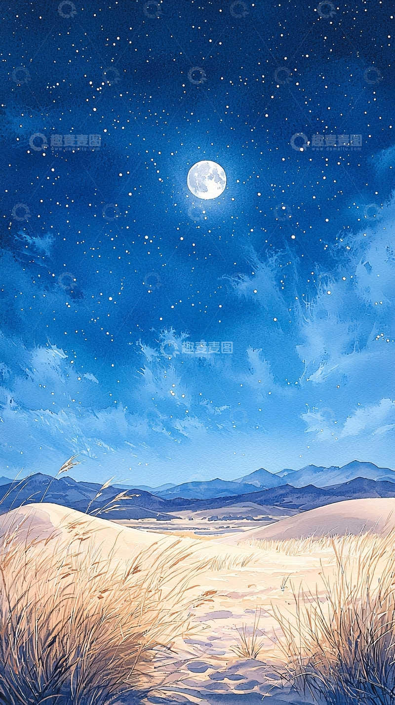 高清大图下载【趣麦麦图】月夜沙漠风景插画