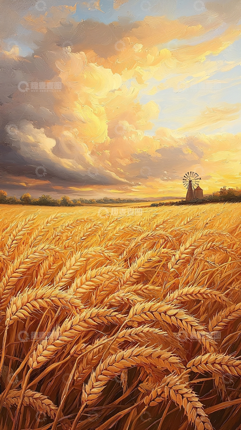 高清大图下载【趣麦麦图】金色麦田与风车的黄昏