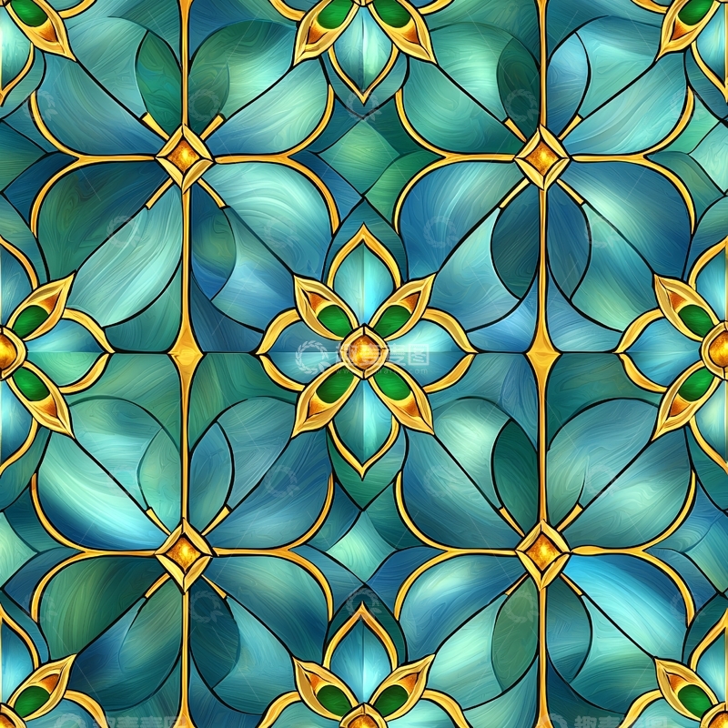 高清大图下载【趣麦麦图】蓝色花卉玻璃窗花纹图案