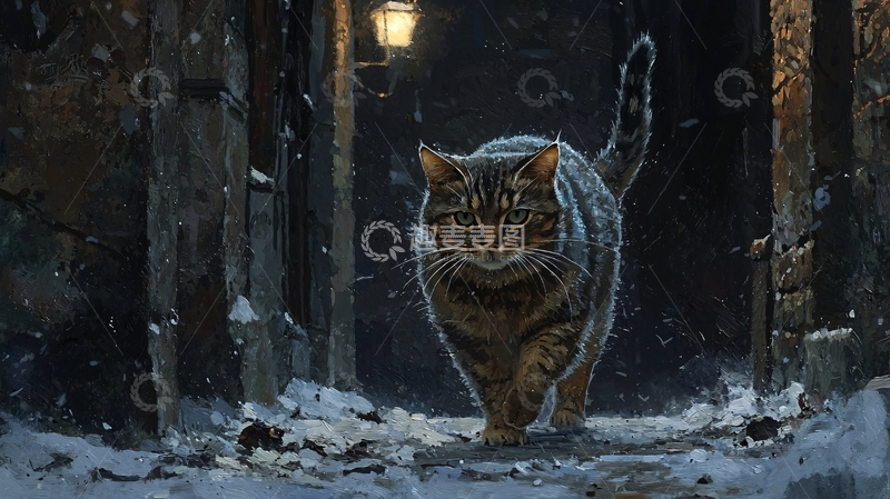 高清大图下载【趣麦麦图】冬夜小巷里的猫