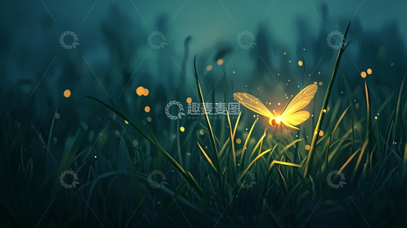 高清大图下载【趣麦麦图】萤火虫夜景插画
