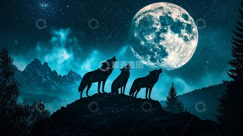 高清大图下载【趣麦麦图】月夜山巅狼嚎图