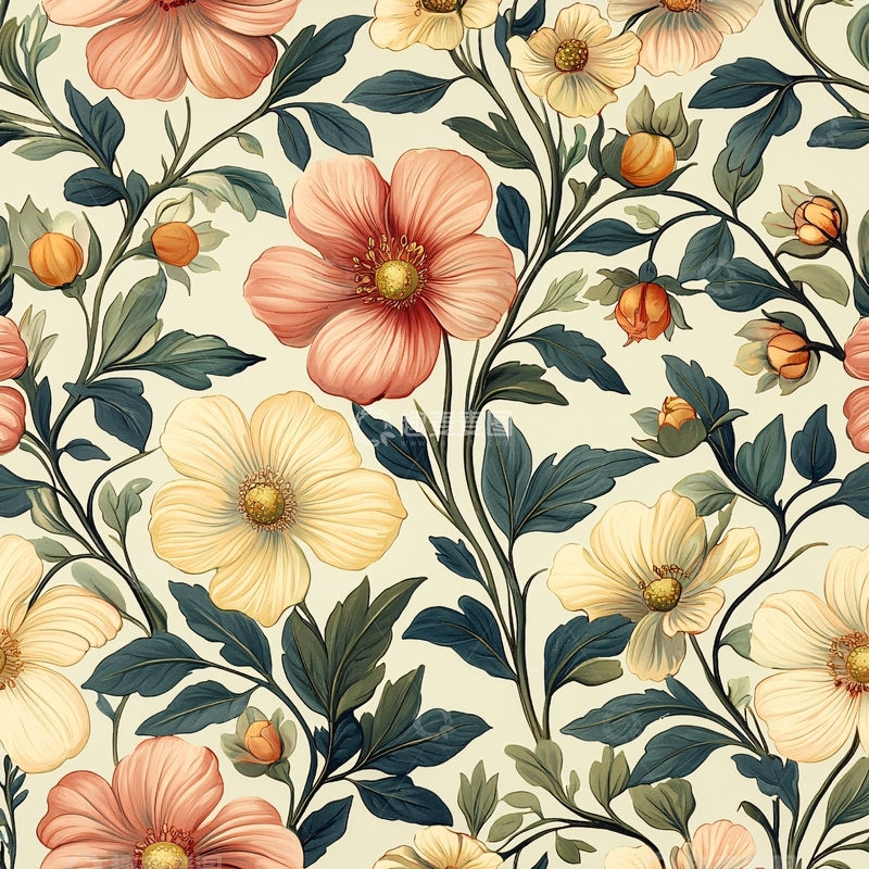 高清大图下载【趣麦麦图】莫里斯风格的淡雅花瓣图案