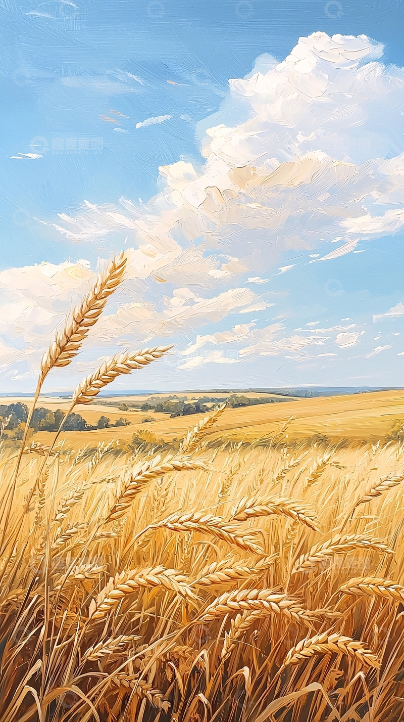 高清大图下载【趣麦麦图】金色麦田下的蓝天白云