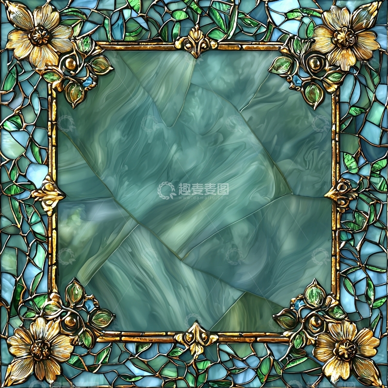 高清大图下载【趣麦麦图】绿色花卉边框玻璃窗背景