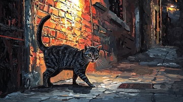 黑猫在砖墙前的光影中