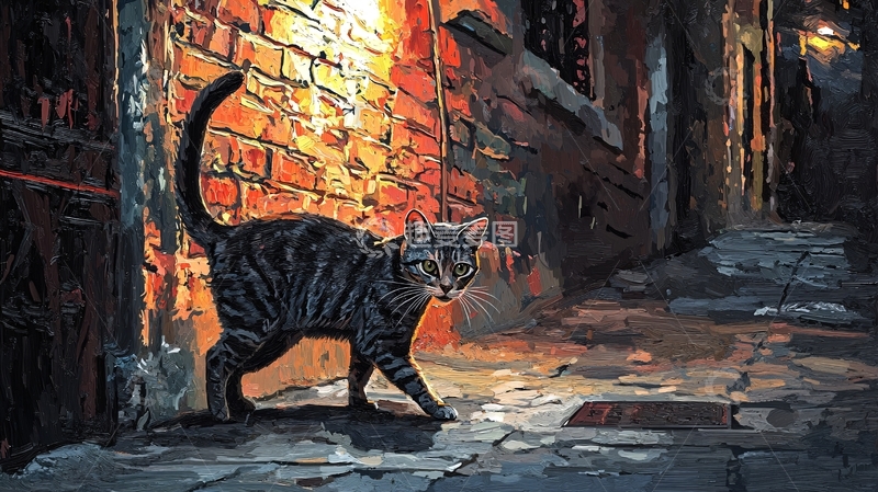 高清大图下载【趣麦麦图】黑猫在砖墙前的光影中