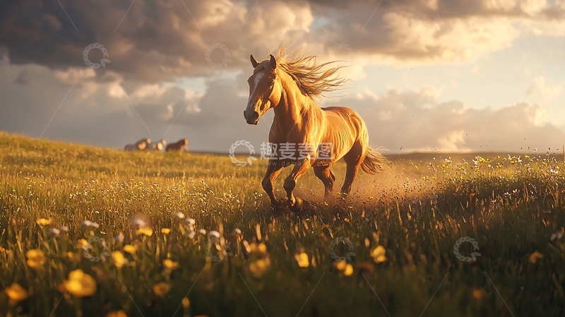 高清大图下载【趣麦麦图】骏马奔腾于花海之中