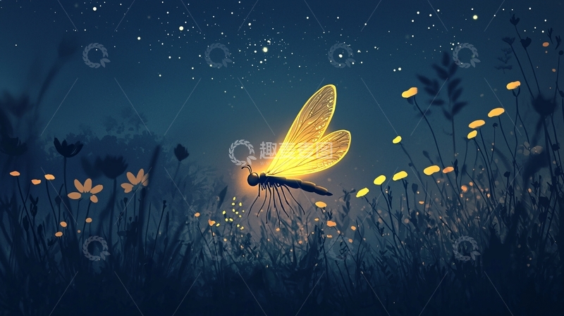 高清大图下载【趣麦麦图】夜晚萤火虫与花朵的梦幻场景