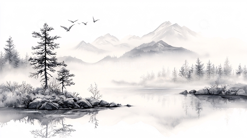 高清大图下载【趣麦麦图】雾中湖畔松树鸟飞图