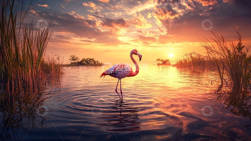 高清大图下载【趣麦麦图】粉红火烈鸟日落湖畔