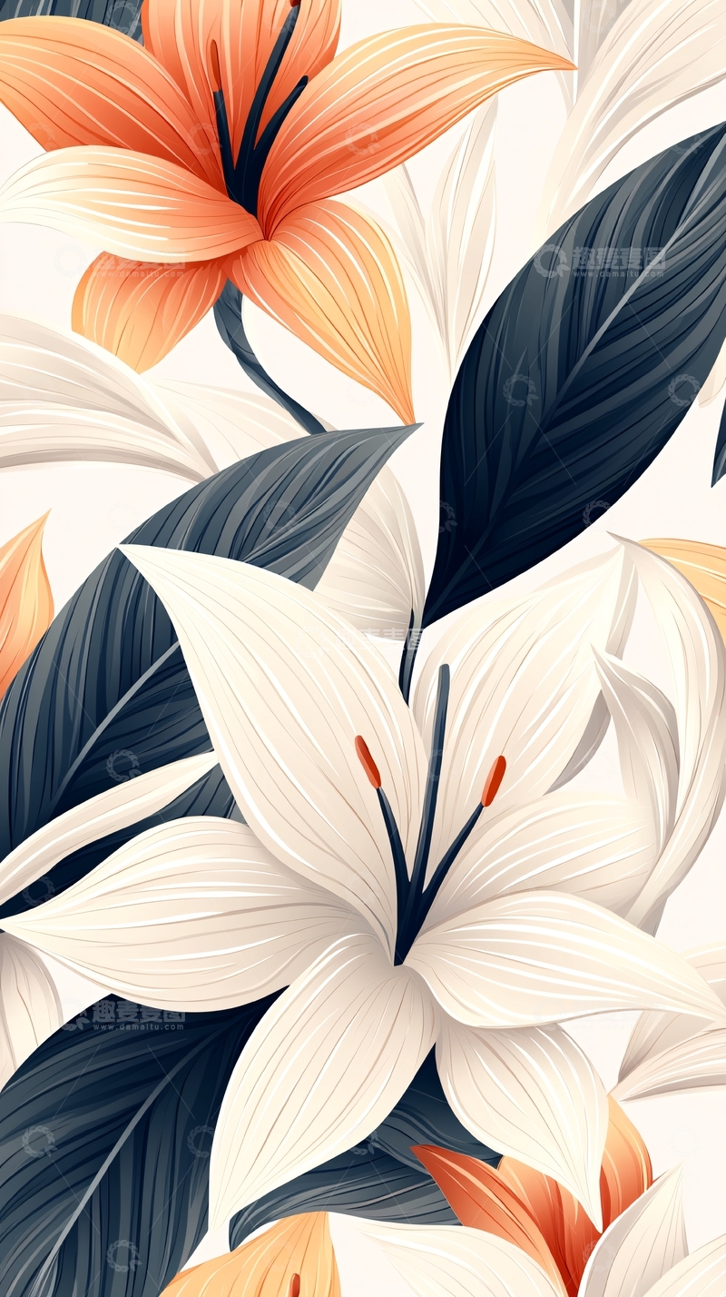 高清大图下载【趣麦麦图】百合花与深色叶子的艺术插画