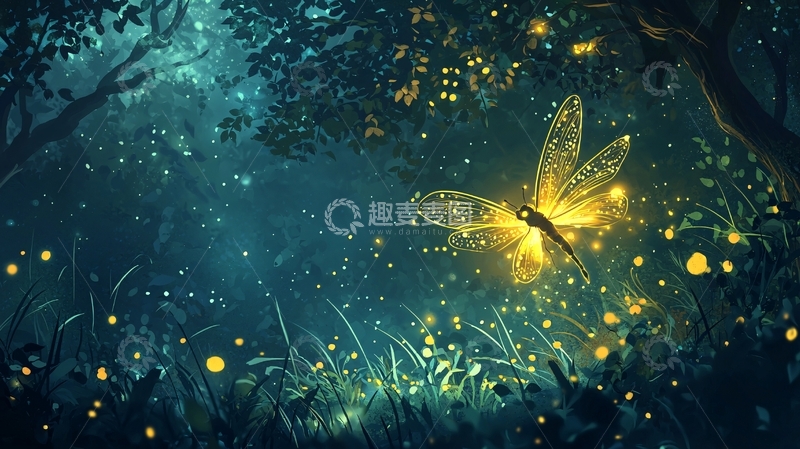 高清大图下载【趣麦麦图】梦幻森林中的发光蜻蜓