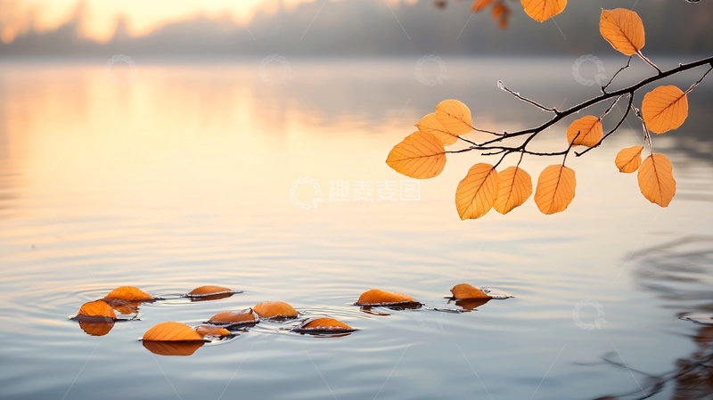 高清大图下载【趣麦麦图】秋日湖畔落叶静谧场景