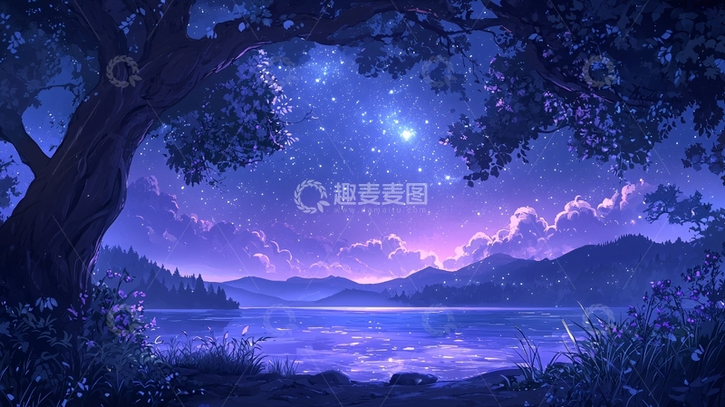 高清大图下载【趣麦麦图】夜晚湖边星空下的宁静景色
