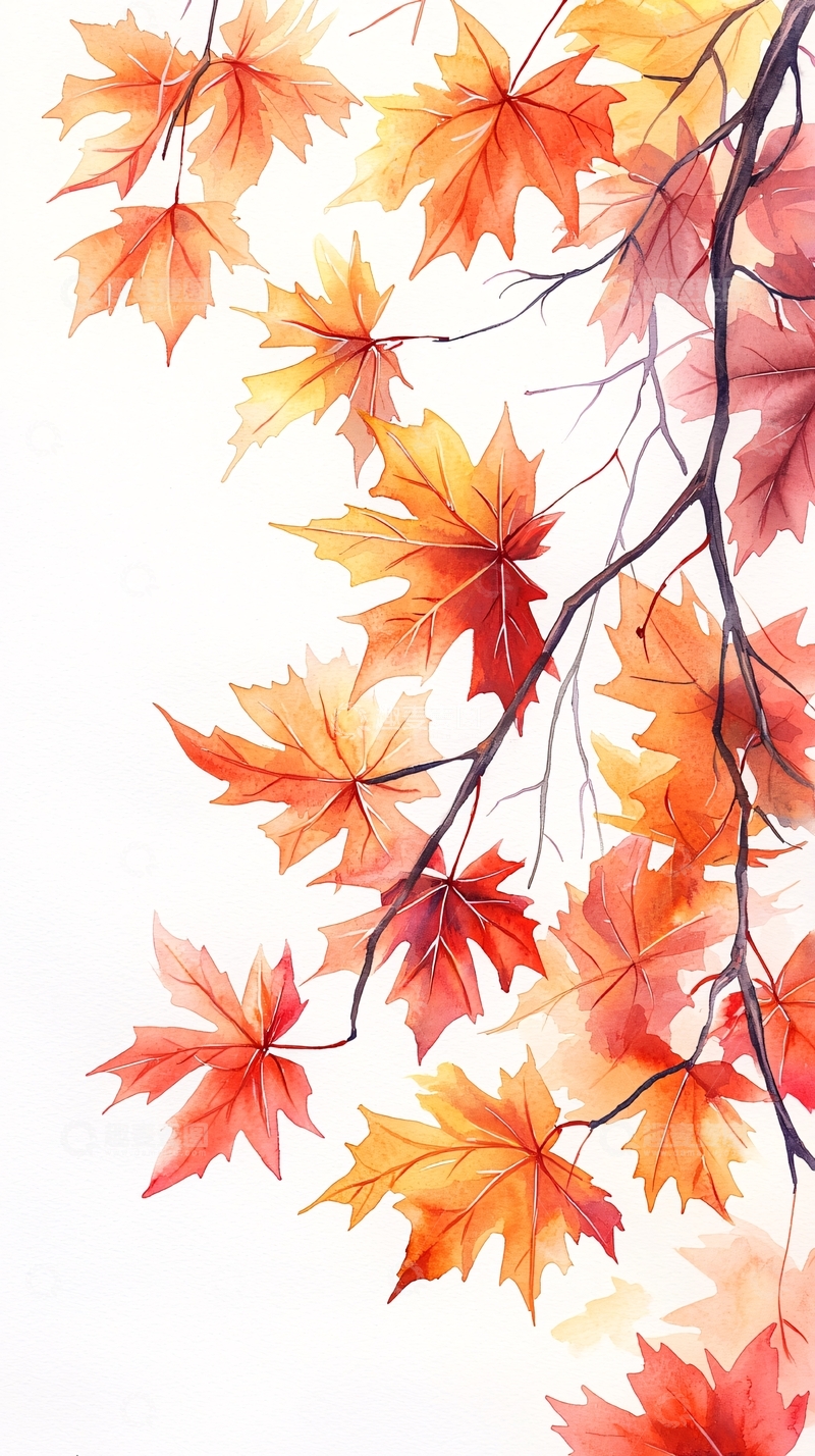 高清大图下载【趣麦麦图】秋日枫叶水彩画背景图