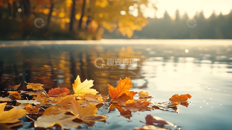 高清大图下载【趣麦麦图】秋日湖畔落叶静谧场景