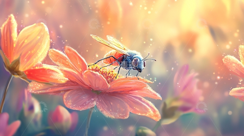 高清大图下载【趣麦麦图】梦幻花朵上的蜜蜂插画