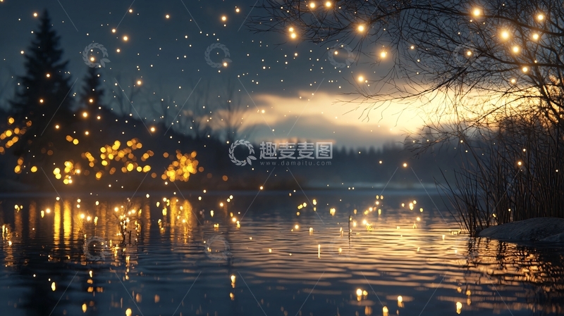 高清大图下载【趣麦麦图】冬夜湖畔萤火虫